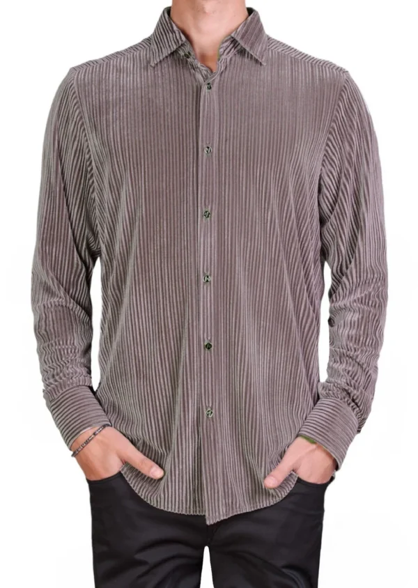 Beige Tonal Stripe Velvet Shirt