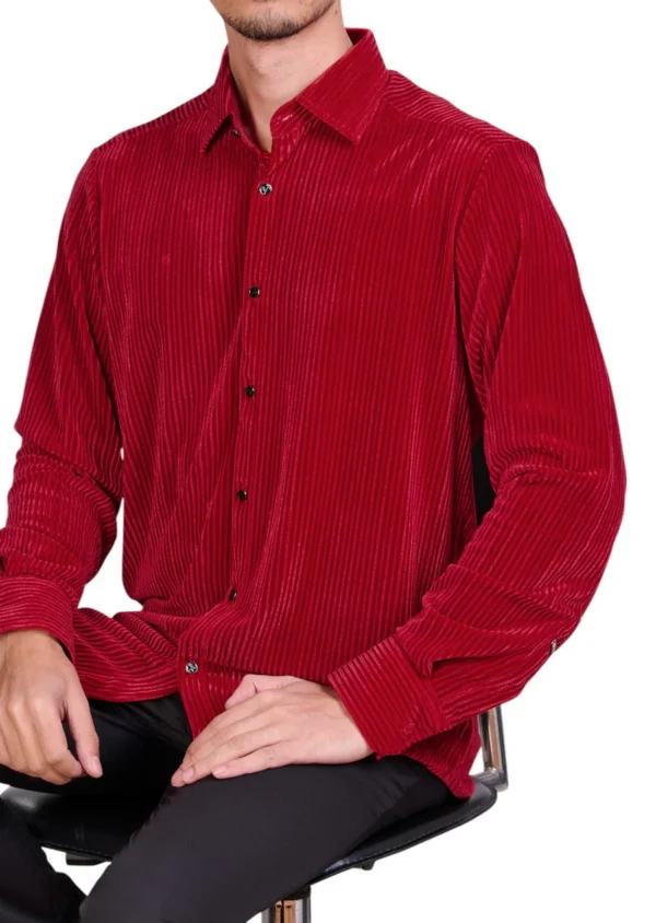 Red Tonal Stripe Velvet Shirt - Image 2