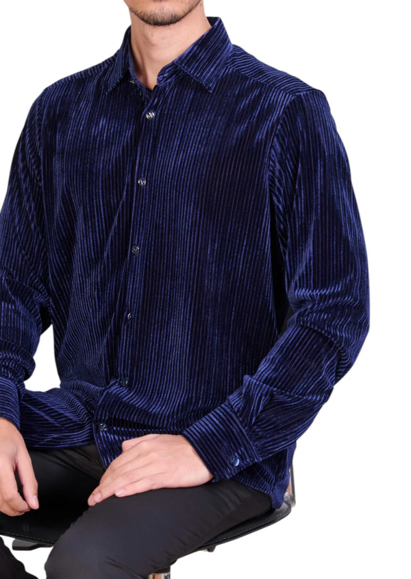 Navy Tonal Stripe Velvet Shirt - Image 2