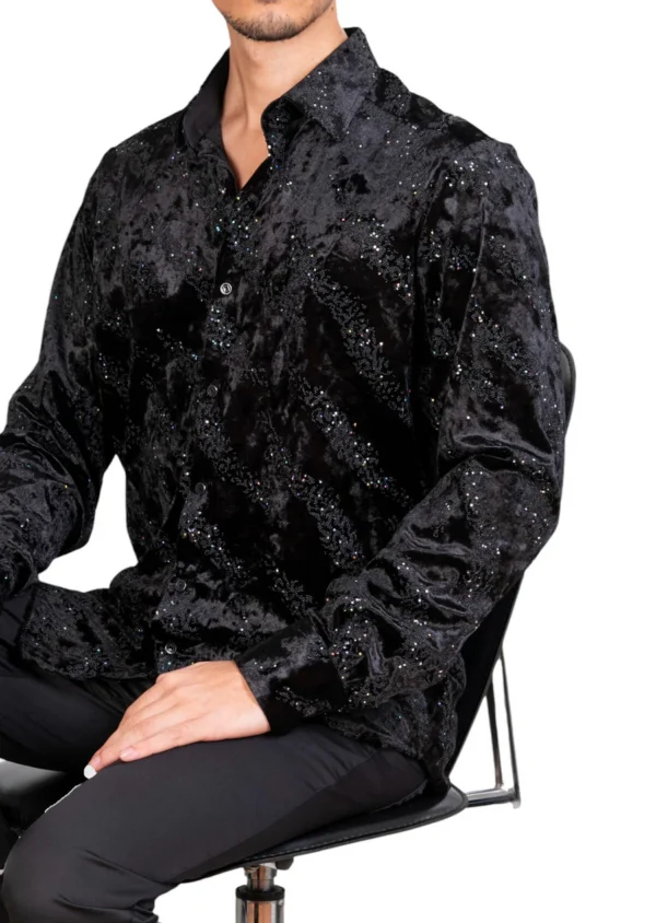 Black Luxe Rhinestone Velvet Shirt - Image 2