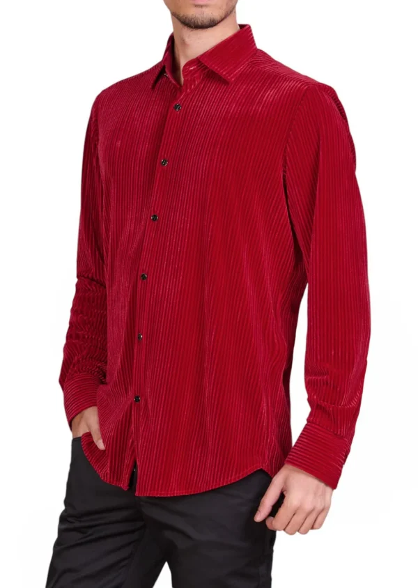 Red Tonal Stripe Velvet Shirt - Image 4