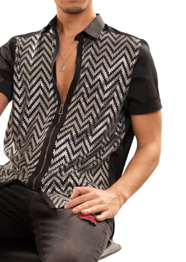 Black Silver Zigzag Sequin Stretch Shirt - Image 3