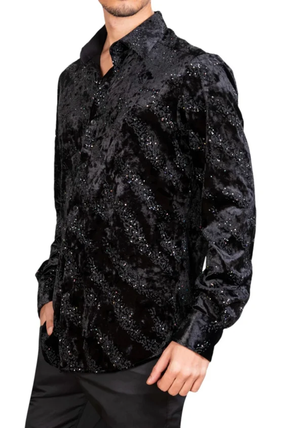 Black Luxe Rhinestone Velvet Shirt - Image 3
