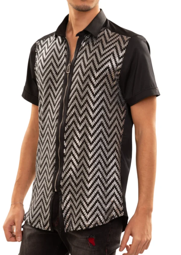 Black Silver Zigzag Sequin Stretch Shirt - Image 4